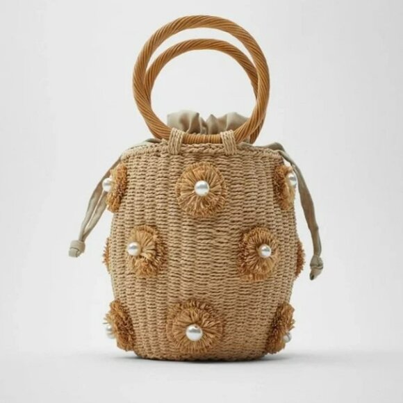 Zara Handbags - ZARA RARE Luxury Pearl Trim Basket Bohemian Blogger's Favorite Straw Bag